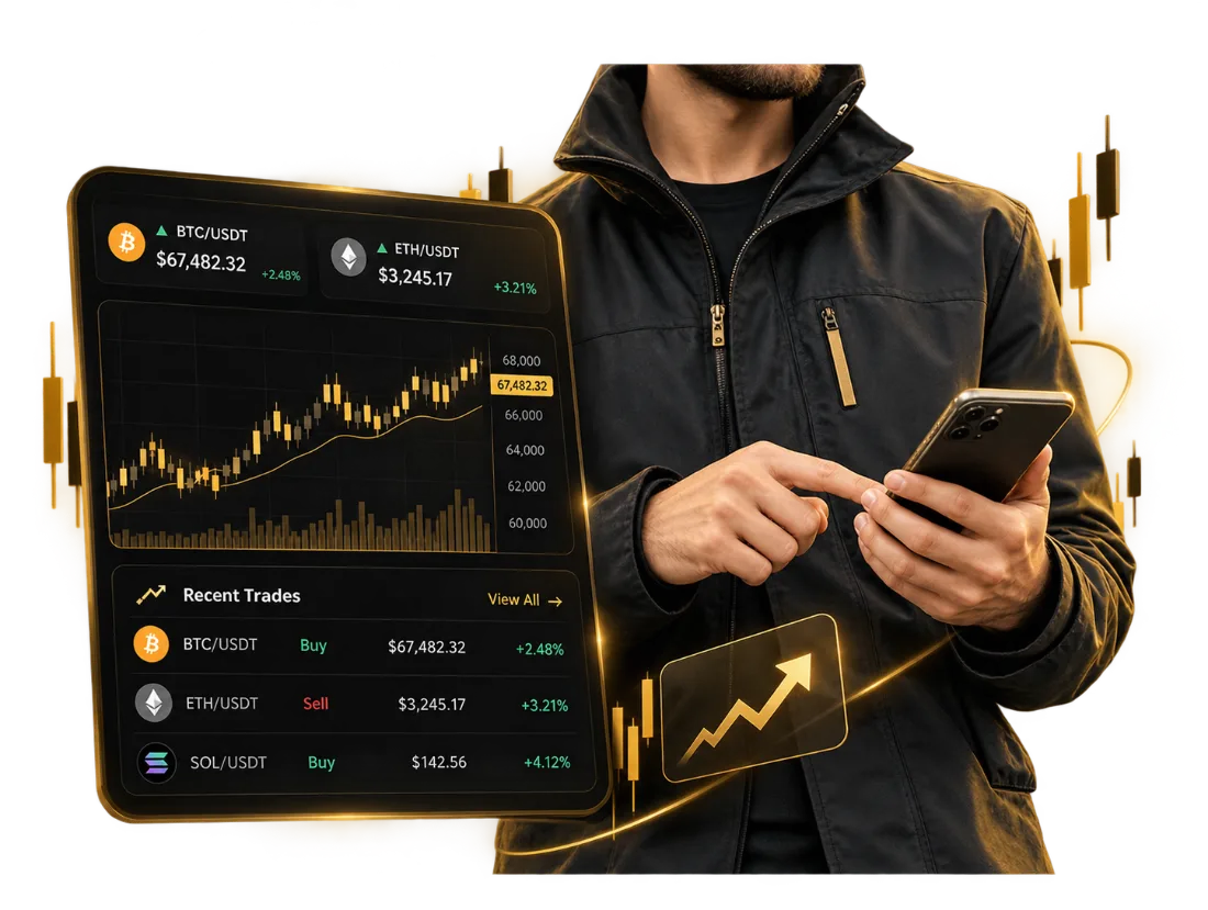 A Bitcoin candlestick chart with a price axis, beside a panel listing recent trades