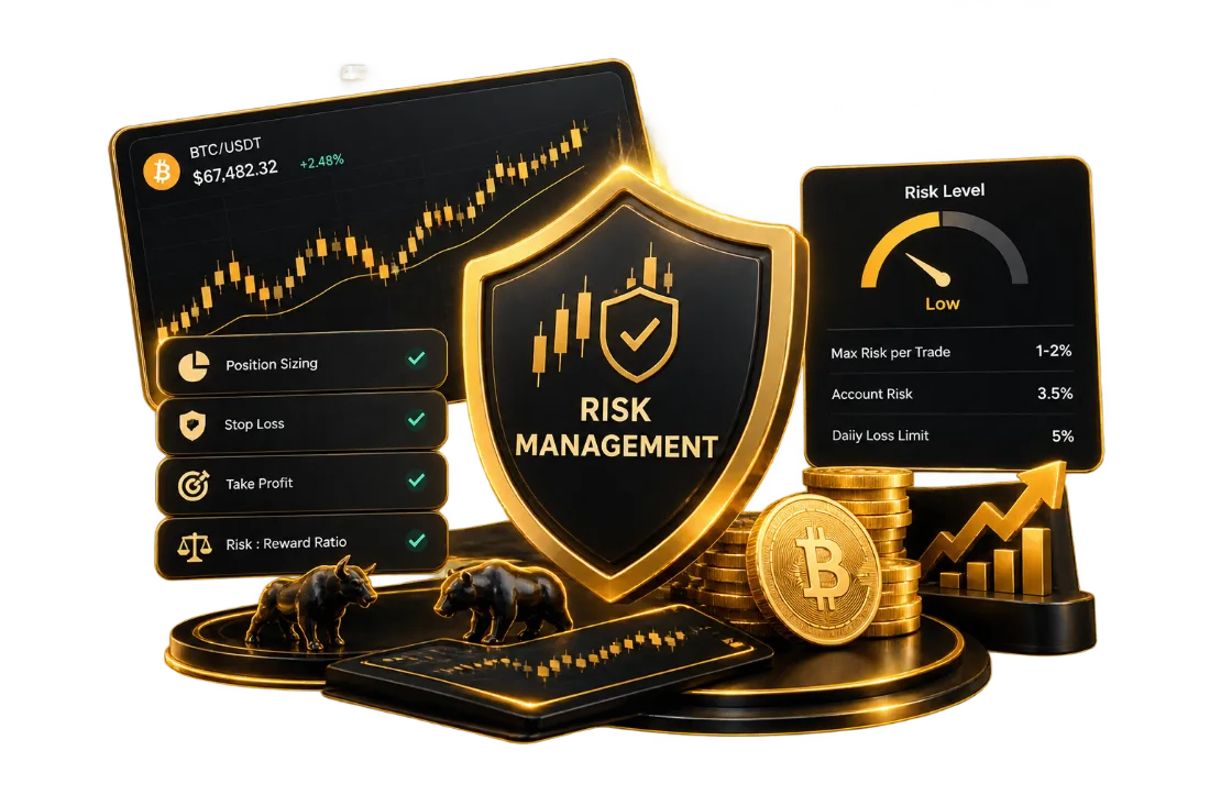 A risk management panel showing position sizing, stop loss, take profit and a daily loss limit