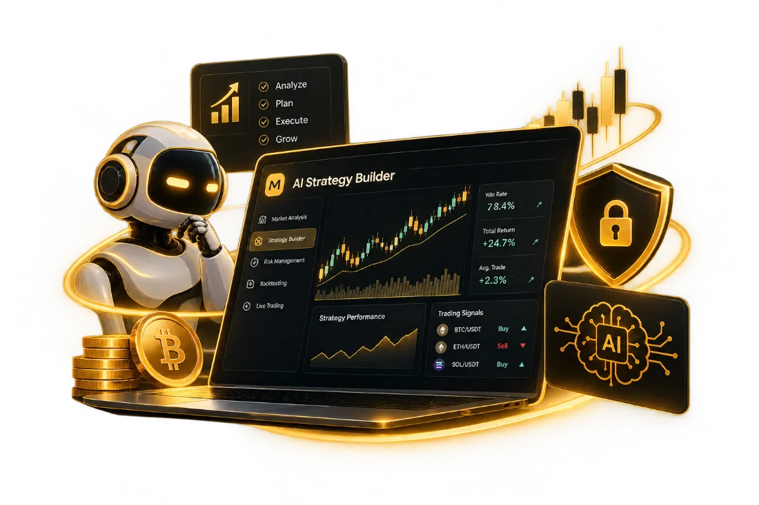A strategy builder screen with a market analysis menu, a price chart, a performance panel and a list of trading signals